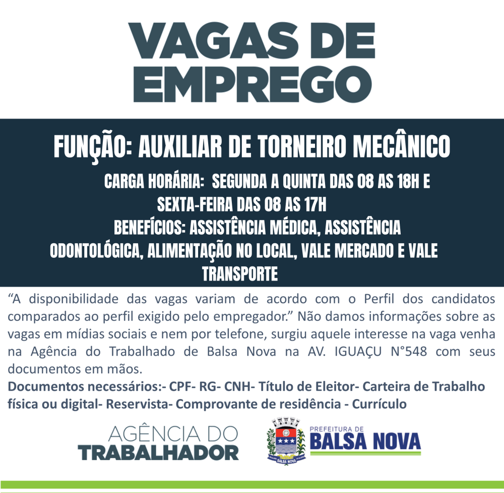 VAGAS NA AGÊNCIA DO TRABALHADOR AUXILIAR DE TORNEIO MECÂNICO