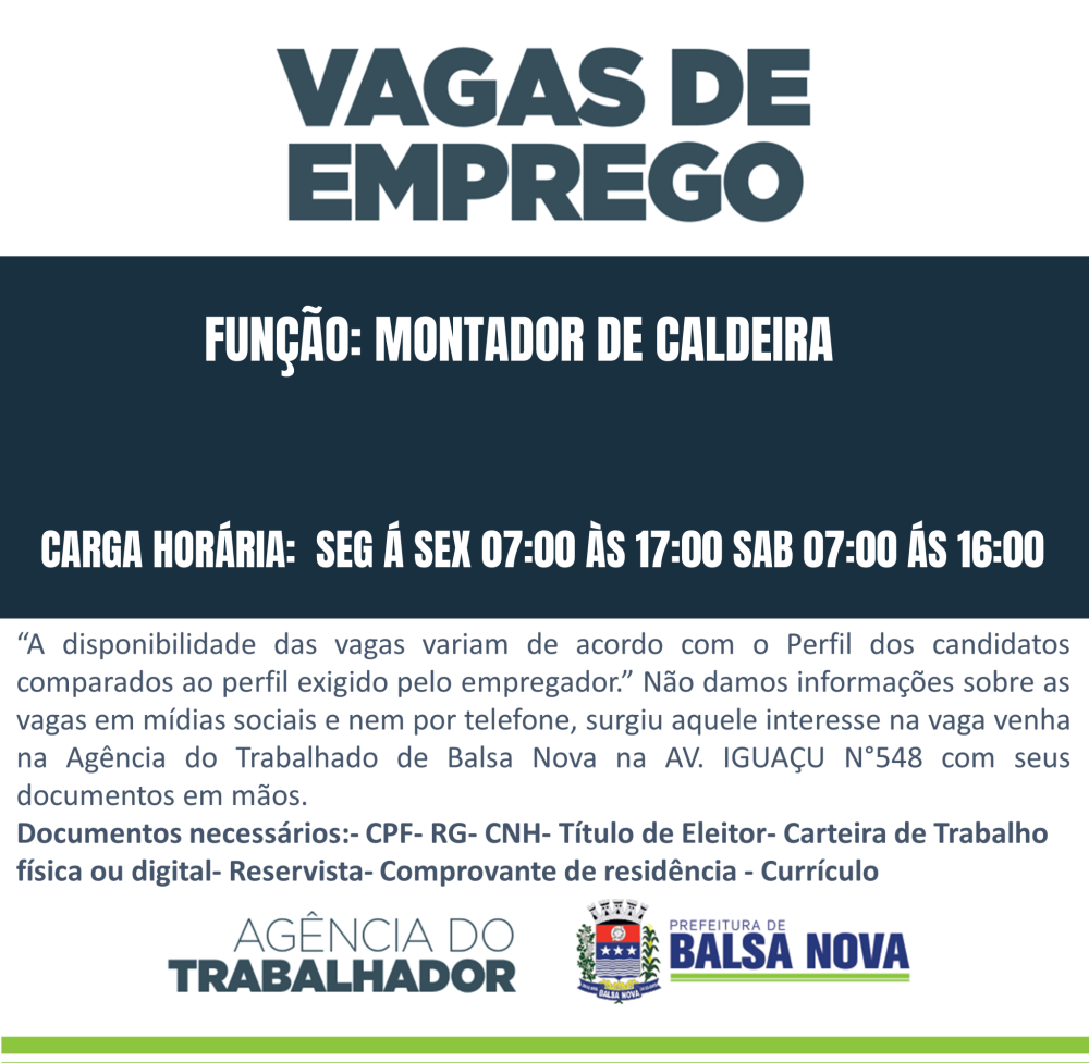 VAGAS NA AGÊNCIA DO TRABALHADOR -MONTADOR DE CALDEIRA