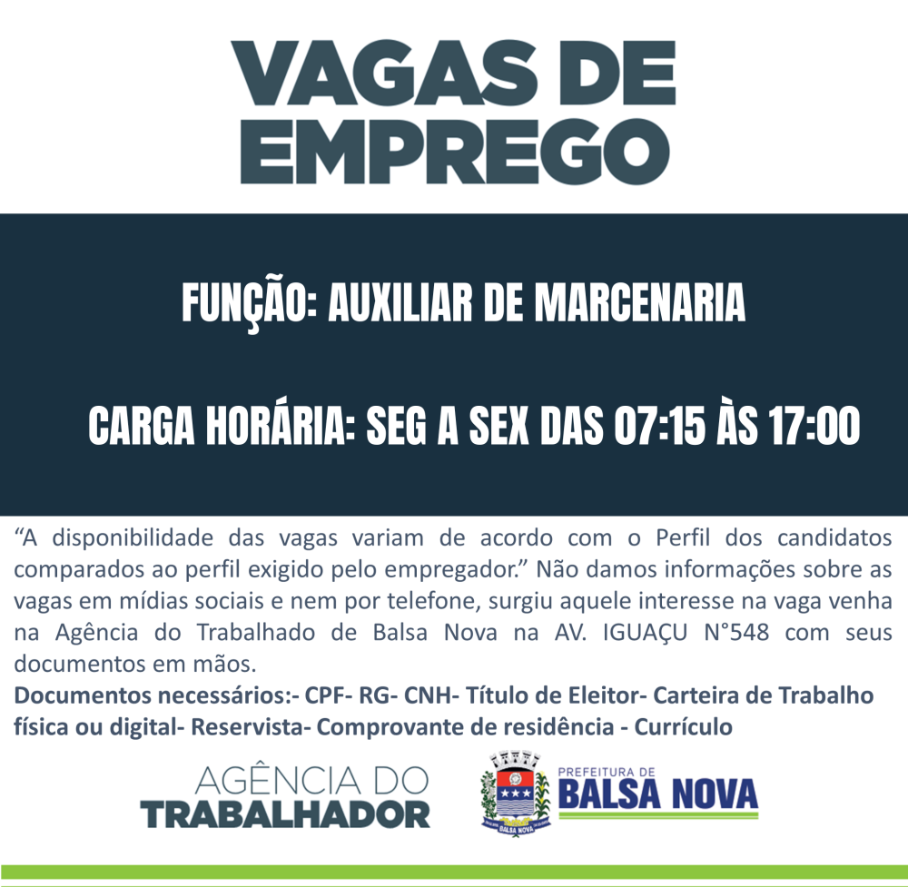 VAGAS NA AGÊNCIA DO TRABALHADOR AUXILIAR DE MARCENARIA