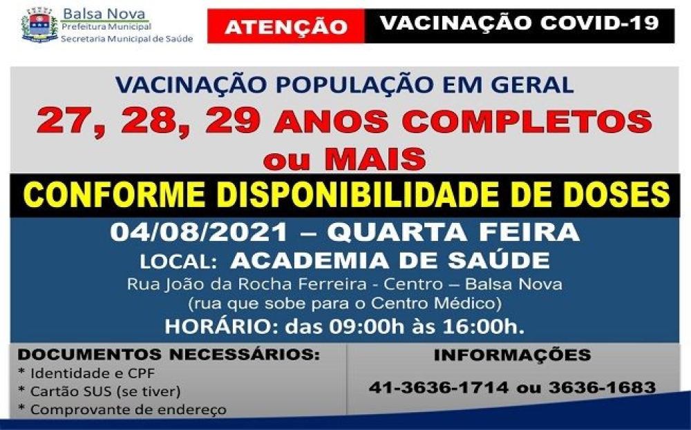 Vacinação COVID-19 - Idade: 27, 28, 29  anos completos ou mais