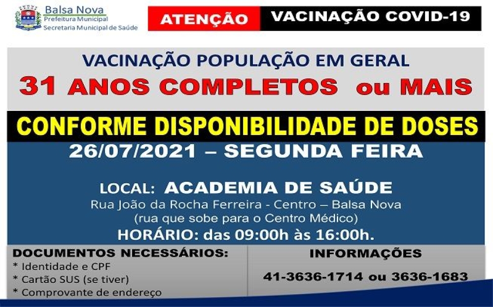 Vacinação COVID-19 - Idade: 31 anos completos ou mais 
