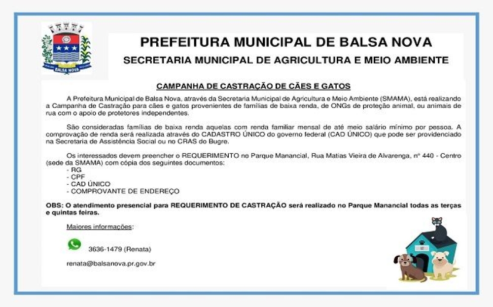Campanha de Castração de Cães e Gatos.