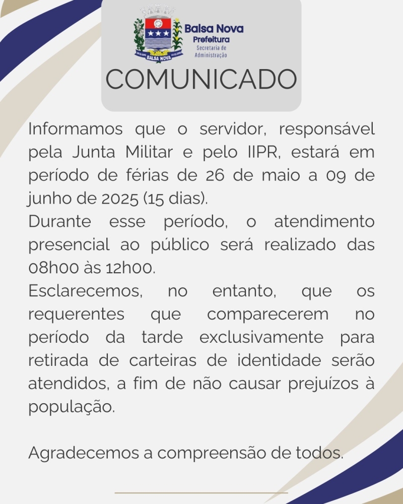 Comunicado sobre o atendimento da Junta Militar e Identificação - IIPR