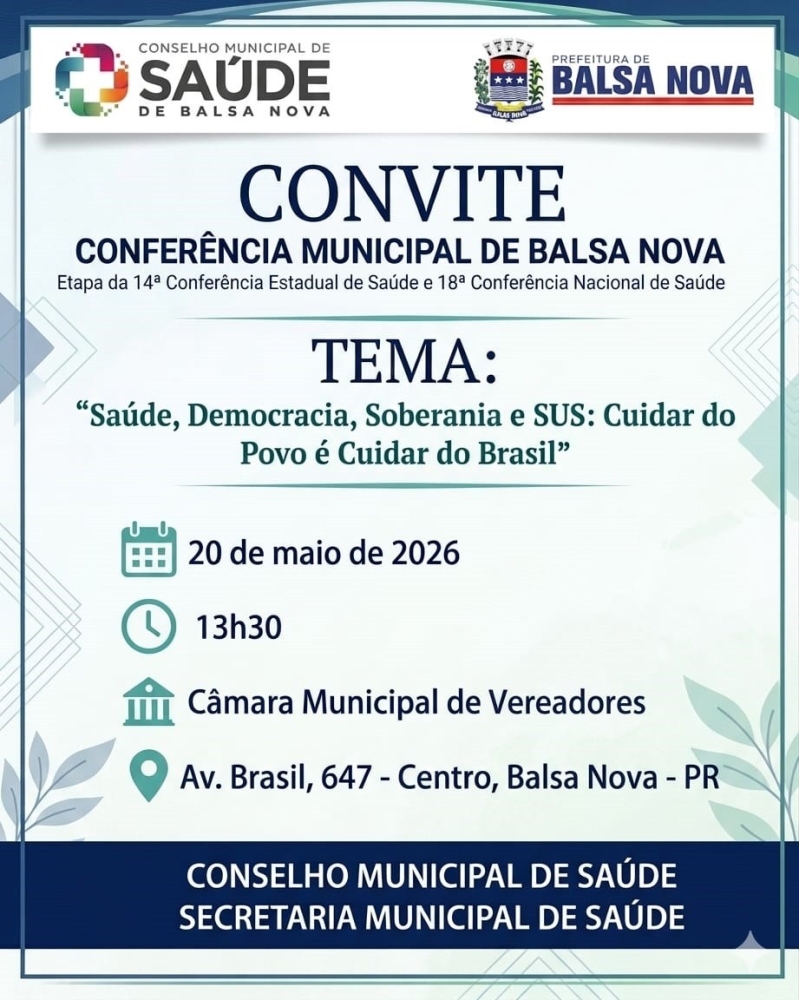 Dia 20 de maio acontece a Conferência Municipal de Balsa nova