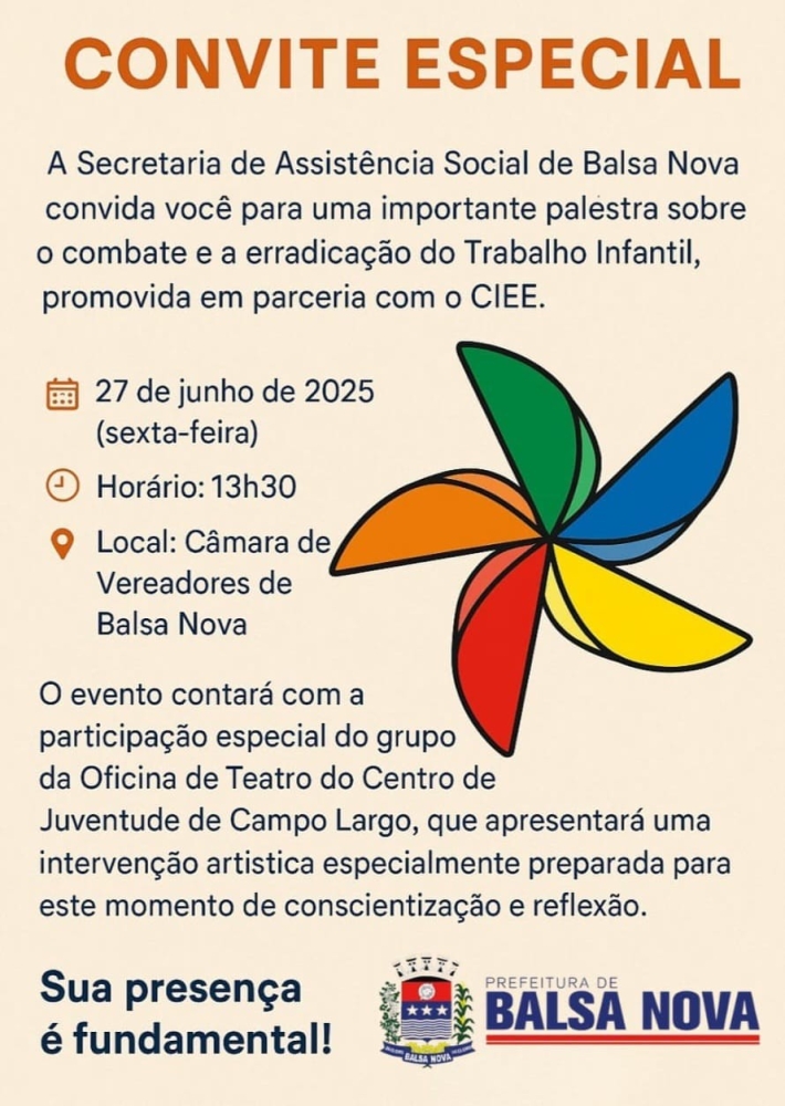 A SMAS convida a todos para a palestra sobre o combate e erradicação do Trabalho Infantil