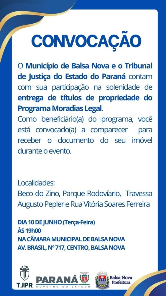 Solenidade de entrega de títulos de propriedade do Programa Moradia Legal