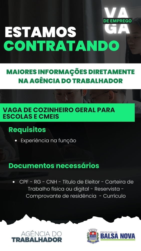 VAGAS NA AGÊNCIA DO TRABALHADOR