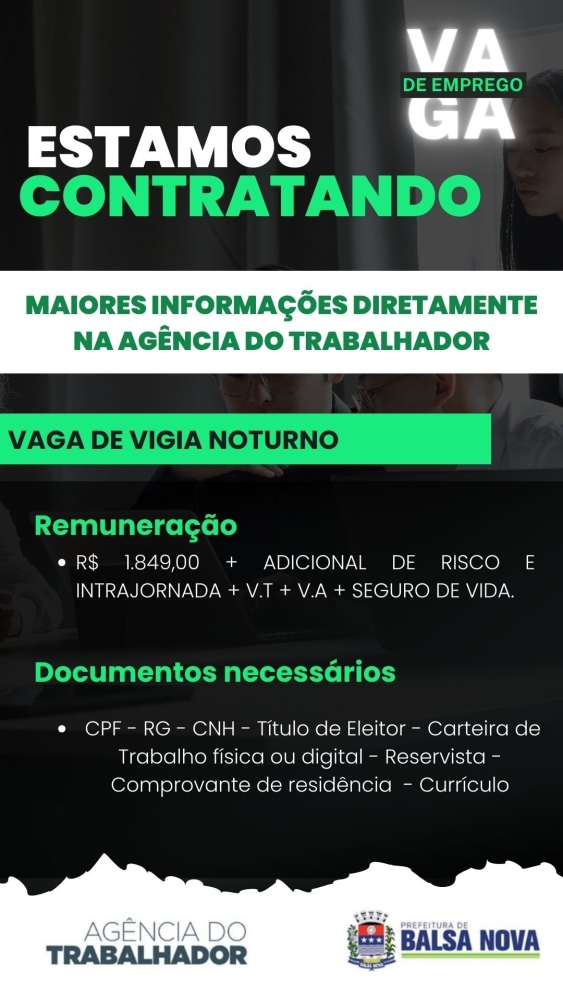 VAGAS NA AGÊNCIA DO TRABALHADOR