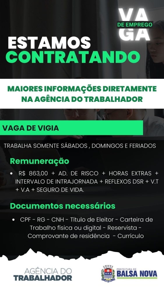 VAGAS NA AGÊNCIA DO TRABALHADOR