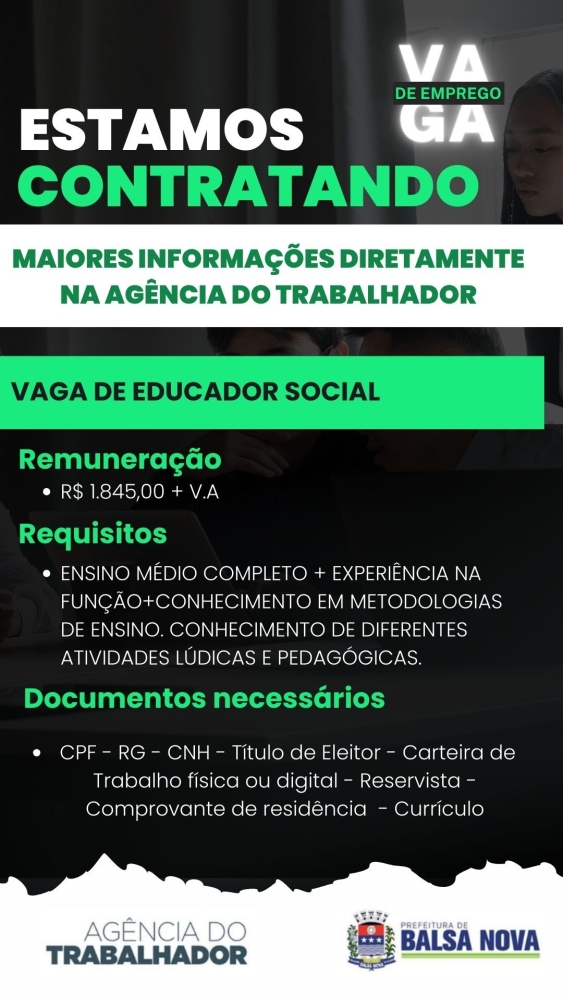 VAGAS NA AGÊNCIA DO TRABALHADOR