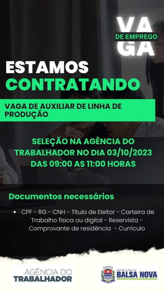 VAGAS NA AGÊNCIA DO TRABALHADOR