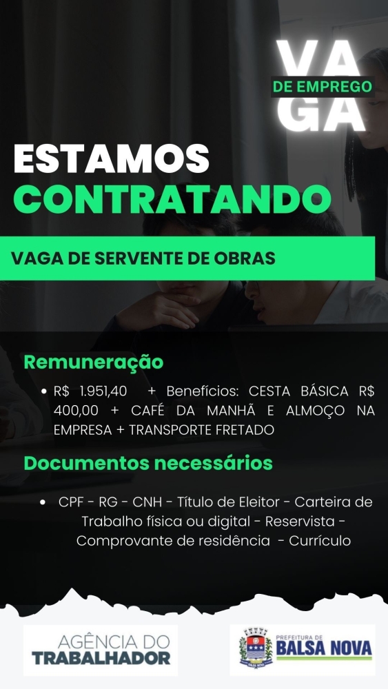 VAGAS NA AGÊNCIA DO TRABALHADOR