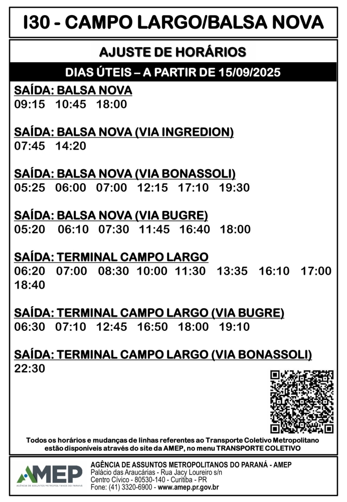 Alterações de horário e itinerário na linha I30 a partir de 15/09/2025