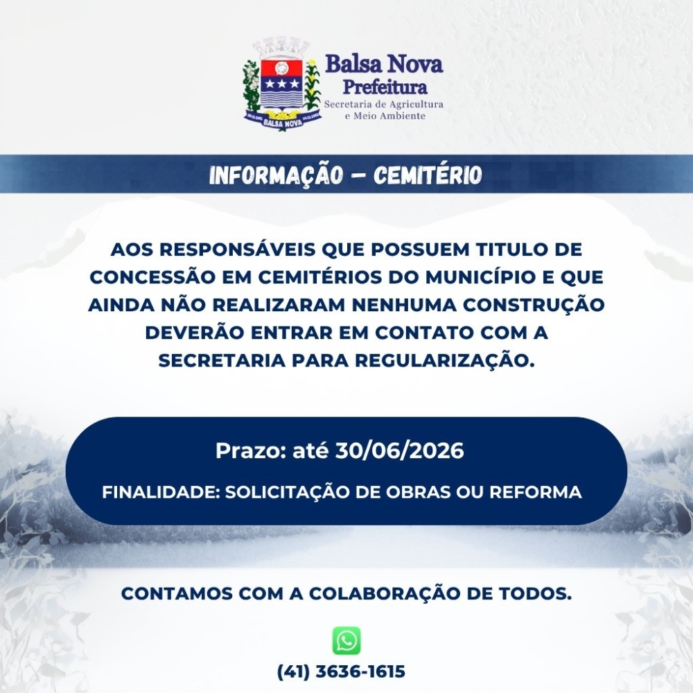 Prazo para regularização de concessões em cemitérios vai até 30 de junho de 2026