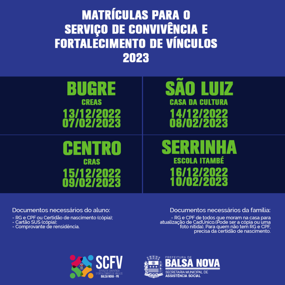 Serviço de Convivência e Fortalecimento de Vínculos | MATRÍCULAS 2023
