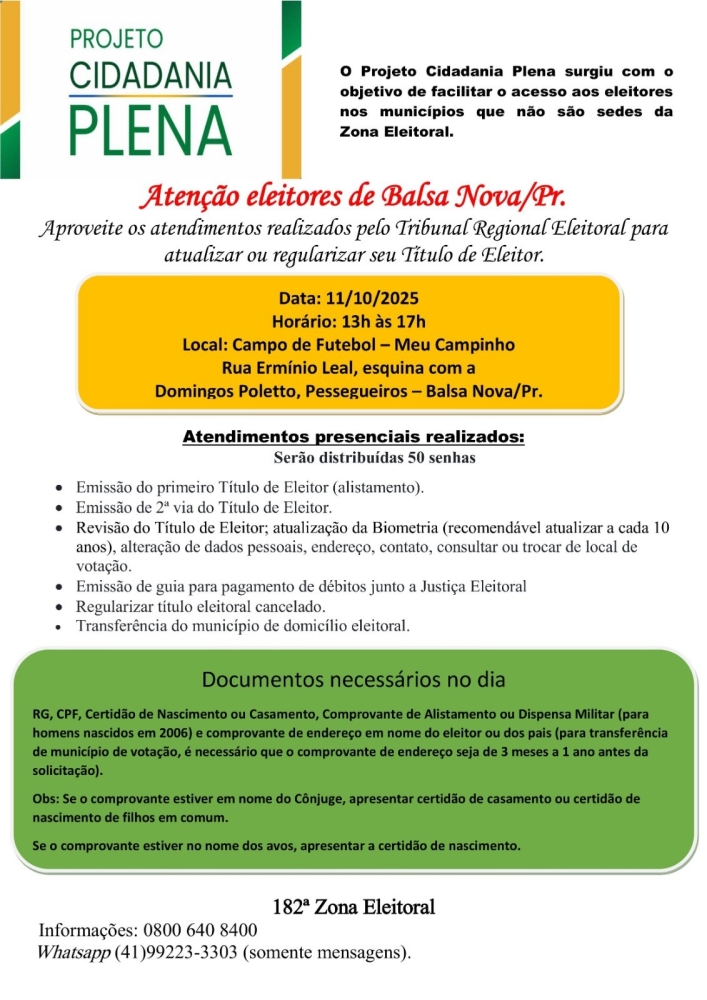 O Projeto Cidadania Plena estará no Pessegueiros dia 11/10 entre 13h e 17h