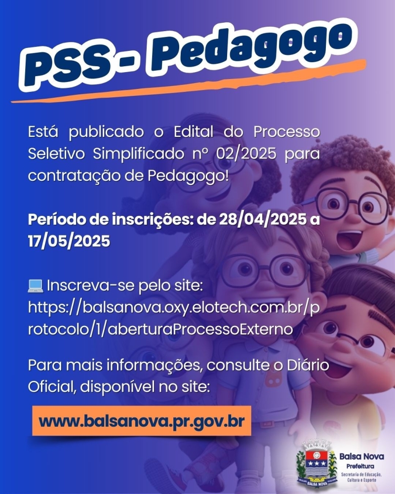 Inscrições abertas para PSS do cargo de Pedagogo