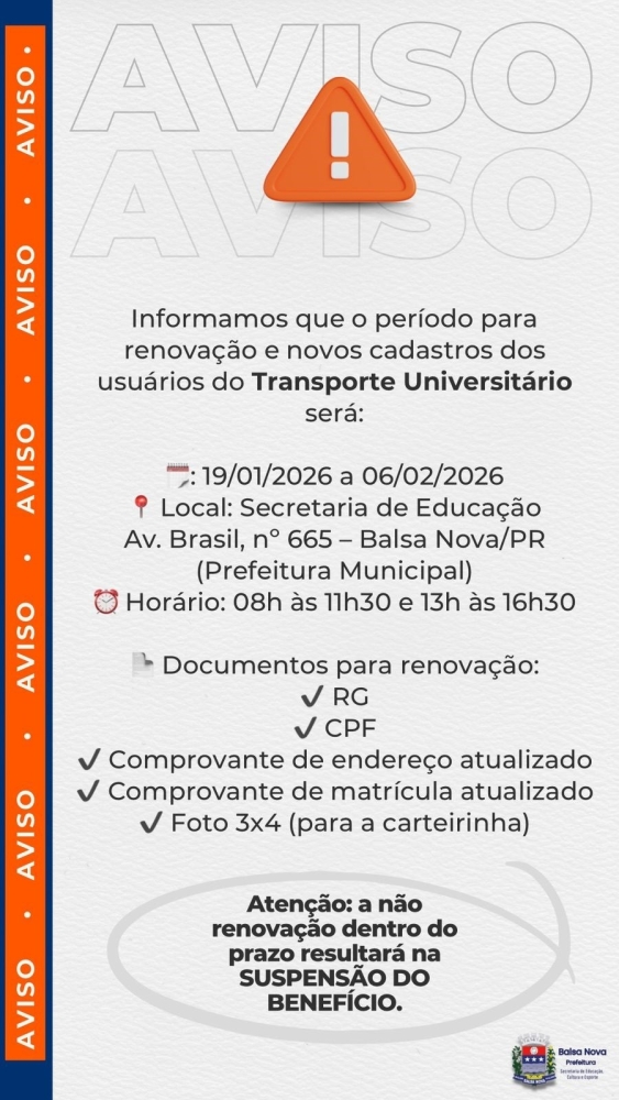 Cadastro dos usuários do Transporte Universitário será de 19/01 a 06/02