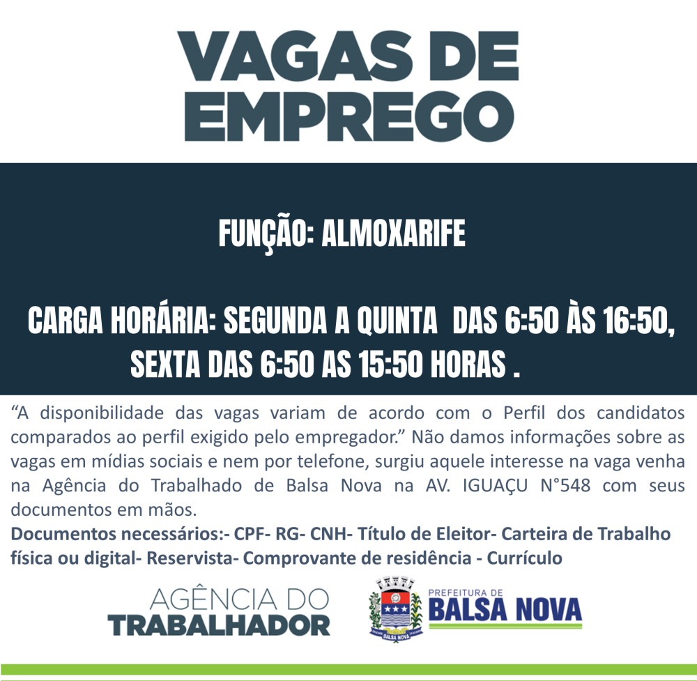 VAGAS NA AGÊNCIA DO TRABALHADOR ALMOXARIFE