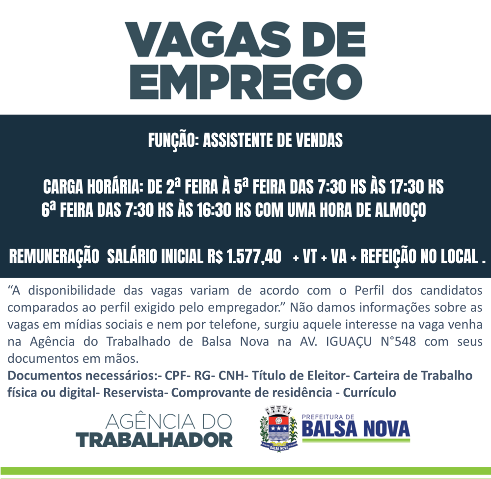 VAGAS NA AGÊNCIA DO TRABALHADOR ASSISTENTE DE VENDAS