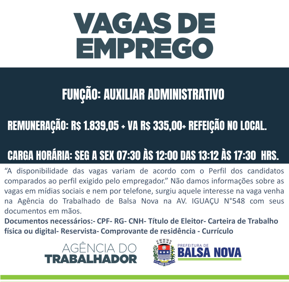 VAGAS NA AGÊNCIA DO TRABALHADOR AUXILIAR ADMNISTRATIVO