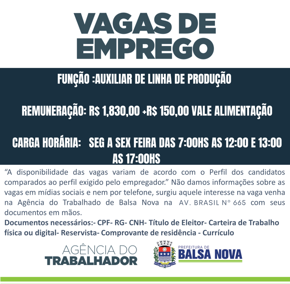 VAGAS NA AGÊNCIA DO TRABALHADOR AUXILIAR DE LINHA DE PRODUÇÃO 