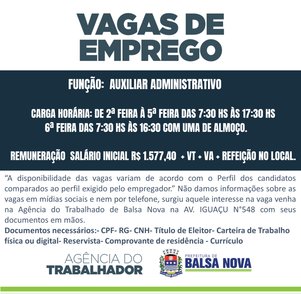 VAGAS NA AGÊNCIA DO TRABALHADOR AUXILIAR ADMNISTRATIVO