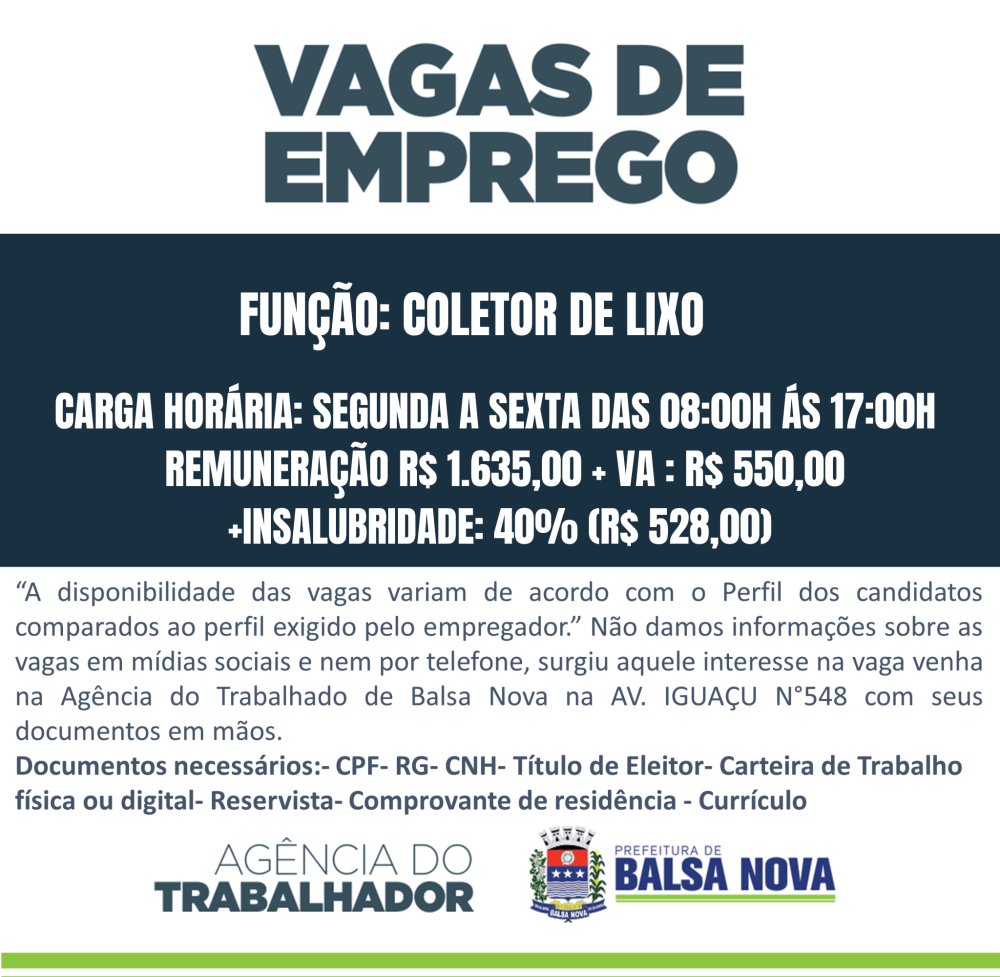 VAGAS NA AGÊNCIA DO TRABALHADOR COLETOR DE LIXO