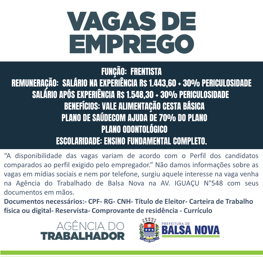VAGAS NA AGÊNCIA DO TRABALHADOR FRENTISTA
