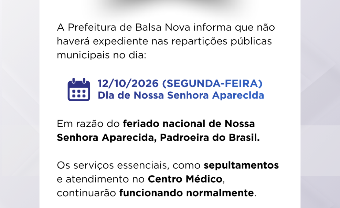Prefeitura de Balsa Nova informa alteração no expediente durante o feriado de 12 de outubro