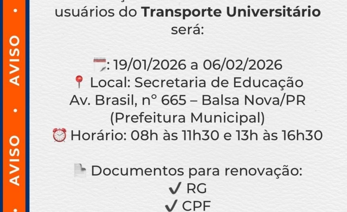 Cadastro dos usuários do Transporte Universitário será de 19/01 a 06/02