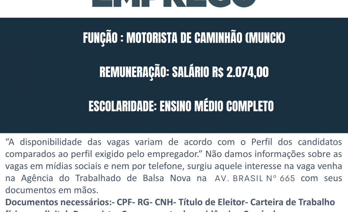 VAGAS NA AGÊNCIA DO TRABALHADOR MOTORISTA DE CAMINHÃO (MUNCK)