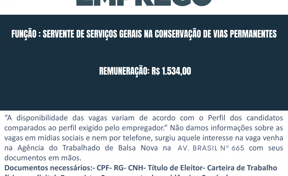 VAGAS NA AGÊNCIA DO TRABALHADOR SERVENTE DE SERVIÇOS GERAIS