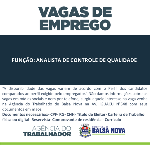 VAGAS NA AGÊNCIA DO TRABALHADOR