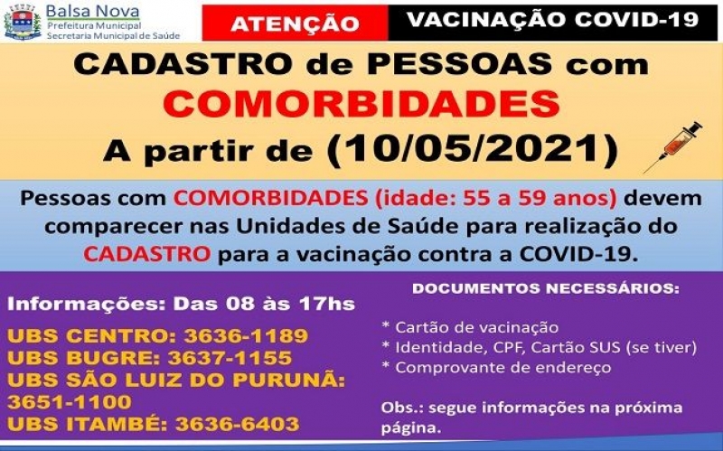 Cadastro para pessoas com COMORBIDADES.