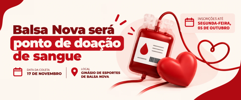 Balsa Nova será ponto de doação de sangue, inscrições vão até 05 de outubro
