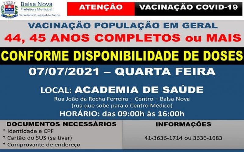 Vacinação COVID-19 - Idade: 44, 45 anos completos