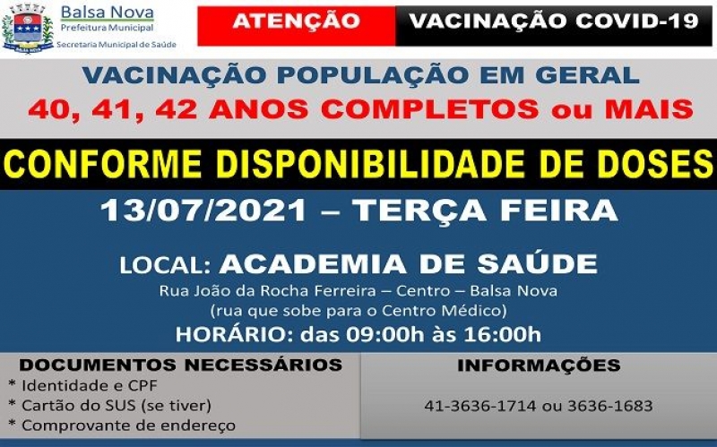 Vacinação COVID-19 - Idade: 40, 41 e 42 anos completos ou mais