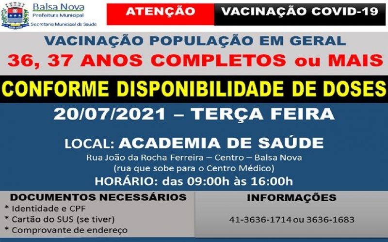 Vacinação COVID-19 - Idade: 36, 37 anos completos ou mais 