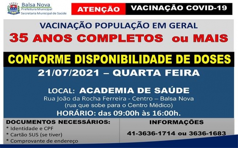 Vacinação COVID-19 - Idade: 35 anos completos ou mais 