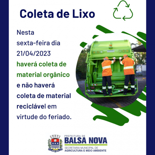  EM VIRTUDE DO FERIADO NÃO HAVERÁ COLETA DE MATERIAL RECICLÁVEL