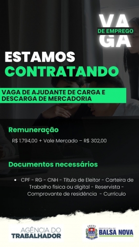 VAGAS NA AGÊNCIA DO TRABALHADOR