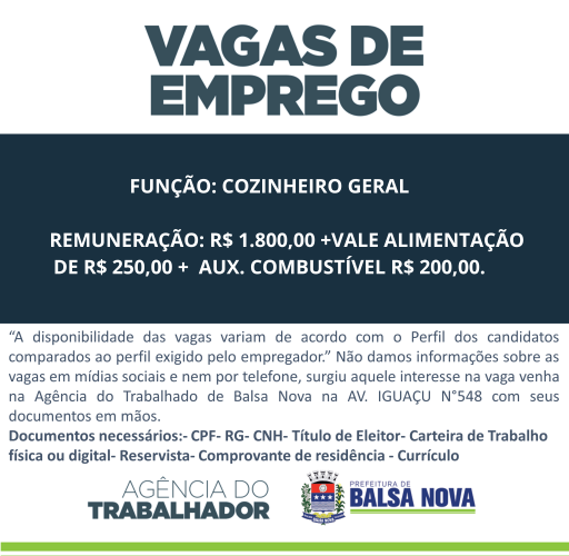 VAGAS NA AGÊNCIA DO TRABALHADOR