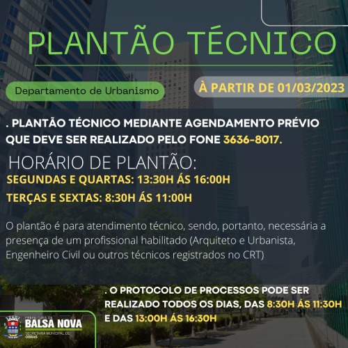 PLANTÃO TÉCNICO DO DEPARTAMENTO DE URBANISMO