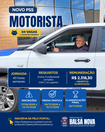 A Prefeitura de Balsa Nova abre novo PSS para Motorista