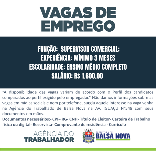 VAGAS NA AGÊNCIA DO TRABALHADOR