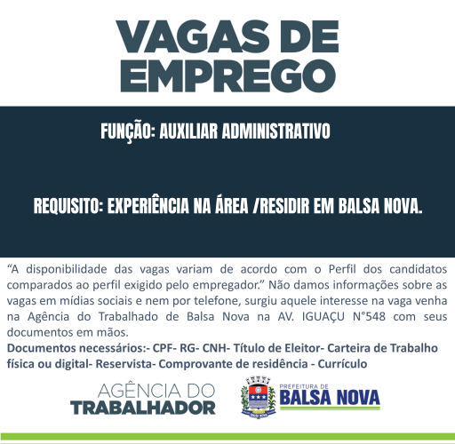 VAGAS NA AGÊNCIA DO TRABALHADOR AUXILIAR ADMINISTRATIVO