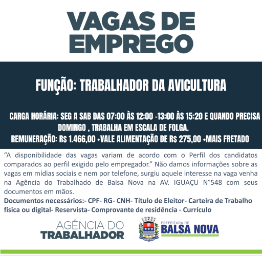 VAGAS NA AGÊNCIA DO TRABALHADOR AVICULTURA