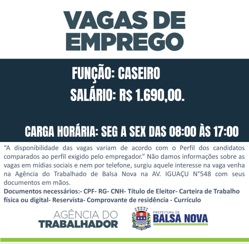 VAGAS NA AGÊNCIA DO TRABALHADOR 