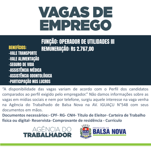 VAGAS NA AGÊNCIA DO TRABALHADOR